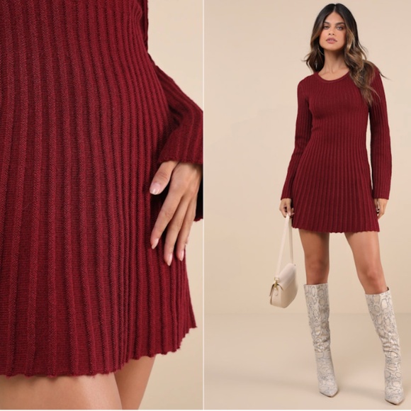LULU's Chic Sexy Casual Ribbed Stretch Long Sleeve Warm Cozy Sweater Skate Dress - Picture 1 of 6